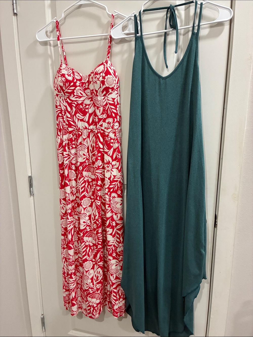 Two Summer Maxi Dresses - Red Floral & Teal Slip